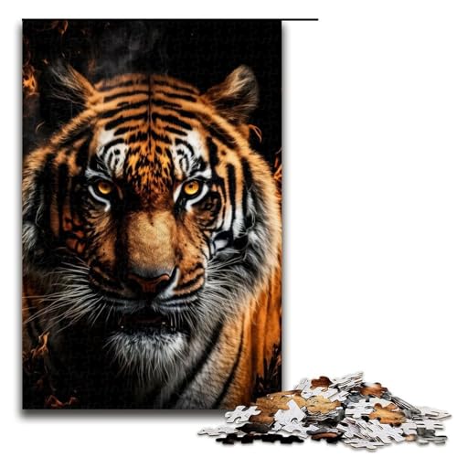 Puzzle-Geschenke: Wütender Tiger mit Feuer. Anspruchsvolles Denkspiel für Teenager Spaß am Familienspielabend 1000 Teile (75 x 50 cm) von DEEPPAPEU