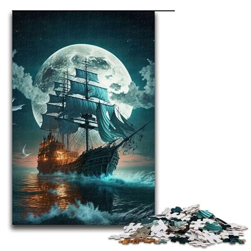 Puzzle für Erwachsene 1000 Teile Boot Mondnacht Holzpuzzle entspannende Unterhaltung Heimdekoration (75 x 50 cm) von DEEPPAPEU
