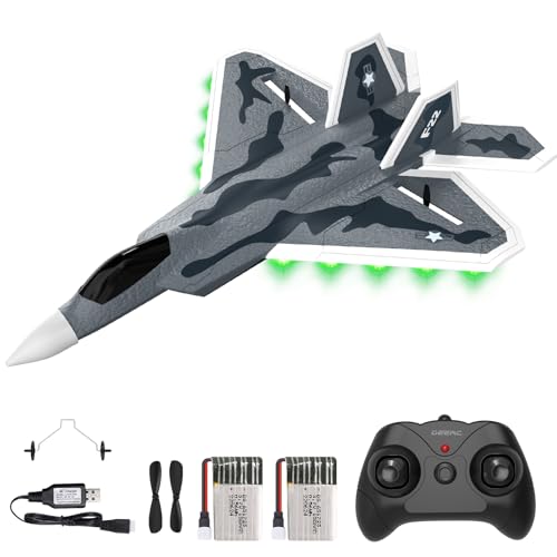 DEERC 2CH F22 Raptor RC Flugzeug mit Lichtern, Ferngesteuertes Flugzeug Kampfspielzeug, 2,4 GHz 6-Achsen-Gyro-Stabilisator, RTF-Segelflugzeug, Düsenflugzeug mit 2 Batterien, für Kinder, Anfänger von DEERC