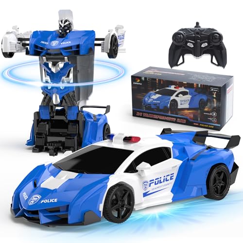DEERC Ferngesteuertes Auto Transformator Spielzeug für Kinder ab 6 7 8 9 10 Jahre, 2 -in-1 Transform Roboter Spielzeug, Polizeiauto Spielzeuggeschenk mit 2 Batterien, Blau von DEERC