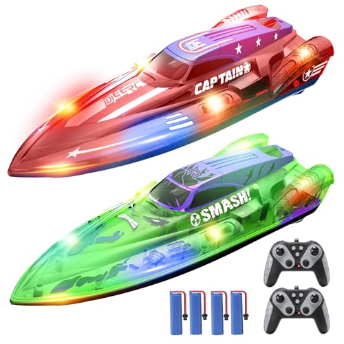 DEERC 2er-Pack 13 inch RC Boot für Kinder, 4 Akkus, 2,4-GHz Ferngesteuertes Rennboot mit LED-Lichtern für Pools und Seen, Sommer-Wasserspielzeug Geschenk für Jungen 8-12 von DEERC