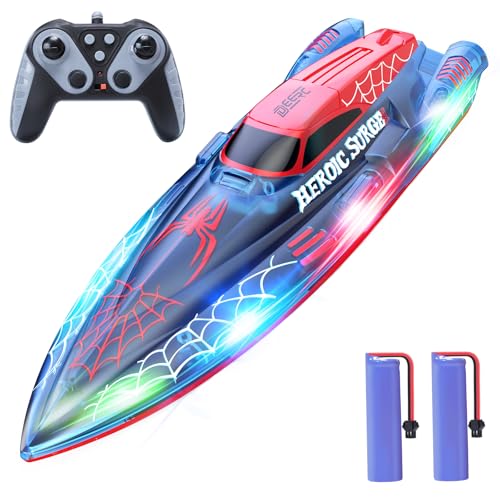 DEERC 13 inch RC Boot für Kinder, 2.4 GHz Spinne Ferngesteuertes Boot mit LED-Lichtern für Pools und Seen, Wasser-Spielzeug Geschenk für Jungen 8-12 Jahre, 2 Batterien von DEERC