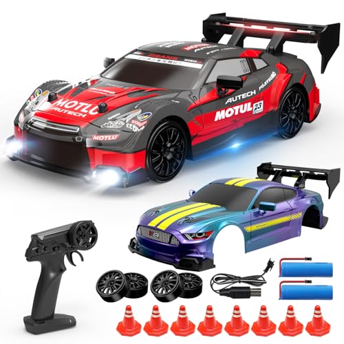 DEERC RC Drift Auto 4WD 2,4 GHz Hochgeschwindigkeits-Fernbedienungsauto mit 2 Karosserien, LED-Lichtern, 2 Akkus (20 Min.) und Drift-Reifen, Rennsport-Spielzeug für Kinder/Jungen von DEERC