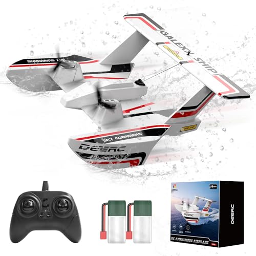 DEERC RC Flugzeug Amphibie Tri-Phibian für Wasser, Erde und Luft, ferngesteuert, 3 Kanäle mit 2 Batterien, 2,4 GHz RTF Segelflugzeug für Jungen und Mädchen von DEERC