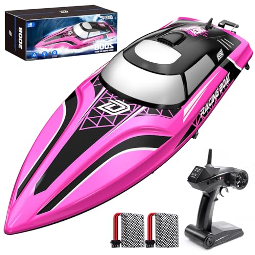 DEERC Schnelles RC Boot mit LED,30+ Min,20+ MPH,2 * 7,4V-Lithiumbatterien,1200 mAh,mit selbstaufrichtend für Pools&Seen,2.4 GHz Rennboot,Wasserspielzeug für Kinder(Rosa) von DEERC