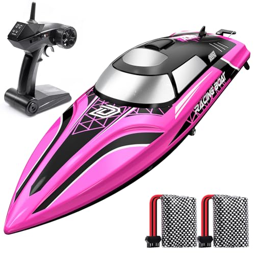 DEERC Schnelles ferngesteuertes Boot mit LED-Beleuchtung, 30+ Minuten, 20+ MPH, ferngesteuertes Boot, automatisch, Schwimmbäder und Seen, Rennboote 2,4 GHz, Sommerwasserspielzeug für Kinder von DEERC