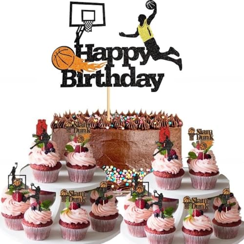 Cupcake-Aufsätze, "Happy Birthday", personalisierbar, Basketball-Mottoparty, wiederverwendbare Dekorationen für Jungen, Mädchen, Männer, Basketball-Liebhaber, 25 Stück von DEETREK