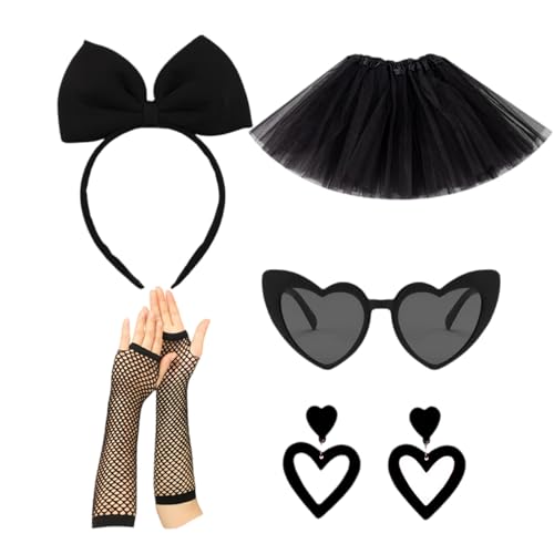 DEKKRYNFV 80er Jahre Kostümzubehör Frauen 80er Jahre Zettel Kleid 1980er Party Halloween Outfit Bogen Stirnband Ohrringe Tutus Sonnenbrille Halloween Koholes Kleid von DEKKRYNFV
