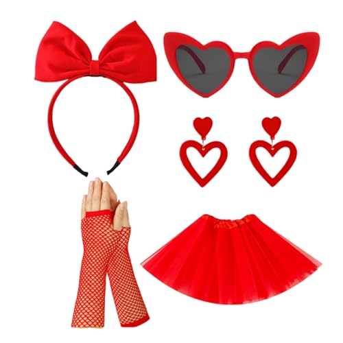 DEKKRYNFV 80er Jahre Kostümzubehör Frauen 80er Jahre Zettel Kleid 1980er Party Halloween Outfit Bogen Stirnband Ohrringe Tutus Sonnenbrille Halloween Koholes Kleid von DEKKRYNFV
