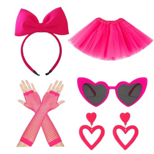 DEKKRYNFV 80er Jahre Kostümzubehör Frauen 80er Jahre Zettel Kleid 1980er Party Halloween Outfit Bogen Stirnband Ohrringe Tutus Sonnenbrille Halloween Koholes Kleid von DEKKRYNFV