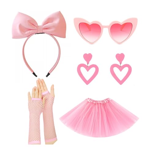 DEKKRYNFV 80er Jahre Kostümzubehör Frauen 80er Jahre Zettel Kleid 1980er Party Halloween Outfit Bogen Stirnband Ohrringe Tutus Sonnenbrille Halloween Koholes Kleid von DEKKRYNFV
