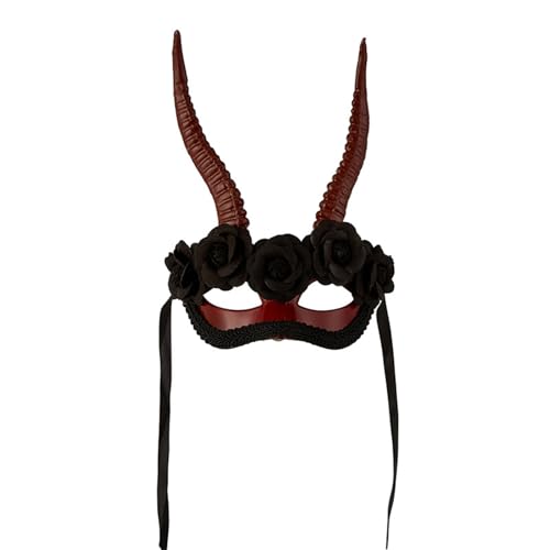 DEKKRYNFV Mysteriöses Schwarzes Ziegenhorn Halbe Gesichtsmaske Detaillierte Texturkunst Leichtes Harz Einstellbares Kopfgurt Halloween Cosplay Festival Accessoire High Detail Harz Party Accessoire von DEKKRYNFV