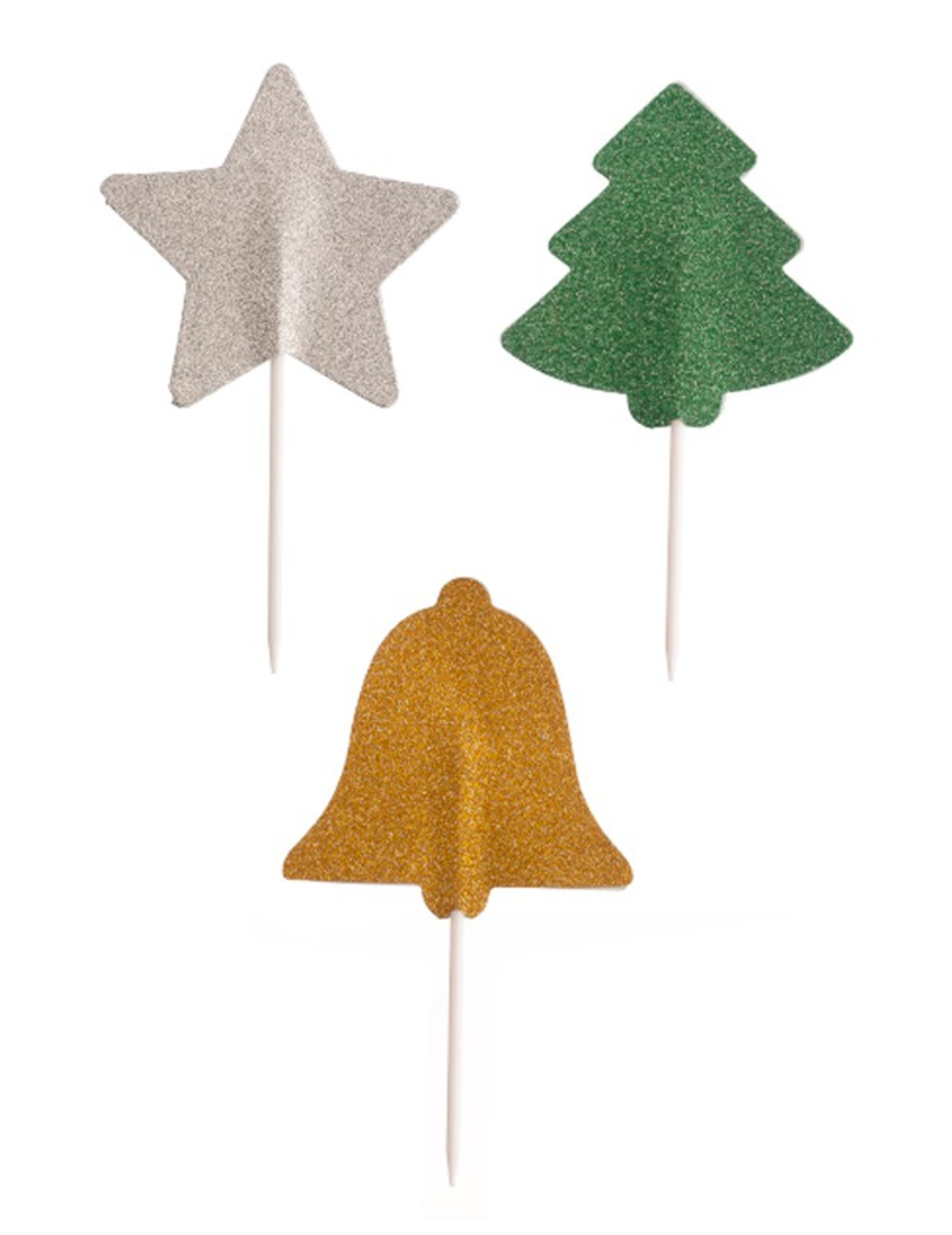3 Glitzer-Weihnachtspicker 5cm Tannenbaum Stern Glocke von DEKORA
