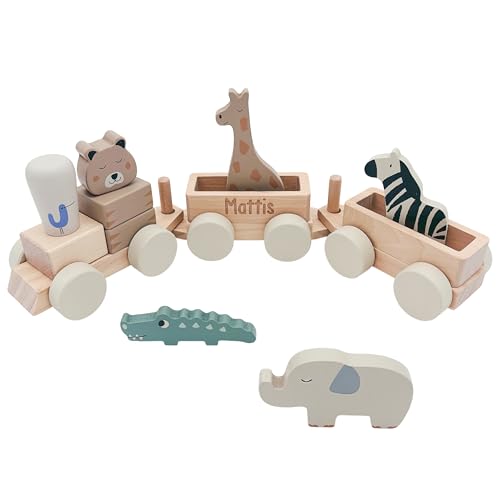 DEL MÀ Unique & Personal Holzzug personalisiertes Geschenk Baby Holzeisenbahn mit Geburtsdaten Babygeschenk Taufgeschenk für Mädchen Jungen Geburtsgeschenk Zug Holzspielzeug von DEL MÀ Unique & Personal