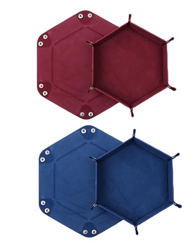 DELALO 2 Stück Faltbare Würfelbretter Doppelseitig Würfelbrett, Samt Faltbar Würfeltablett Hexagon Würfelteller Leder Würfelbretter für RPG DND Dragons Würfel Spiele (Weinrot - Blau) von DELALO