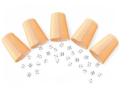 DELALO Leder Würfelbecher Set, 5 Becher mit 30 Würfeln, 16mm, Handgefertigt, 9cm x 7cm, Natur DELALO Leder Würfelbecher Set, 5 Becher mit 30 Würfeln, 16mm, Handgefertigt, 9cm x 7cm, Natur von DELALO