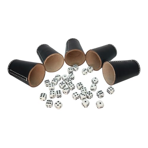 DELALO Würfelbecher aus Echtleder 5er Set – inkl. 30 Würfel (16 mm) – Handgefertigte Premium Lederbecher – Schwarz – 9 cm Höhe, 7 cm Ø – für Kniffel, Knobel & Spieleabende von DELALO