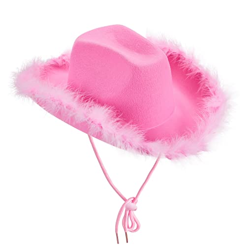 DELIMALI Cowgirl-Hut, Cowboyhüte für Damen, flauschige Federkrempe, Cowboyhut für Junggesellinnenabschied, Cosplay, Kostümparty, Rosa, 32 x 42 x 18 cm von DELIMALI