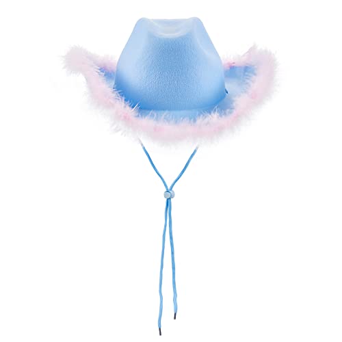 DELIMALI Cowgirl-Hut, Cowboyhüte für Frauen, flauschige Federkrempe, Cowboyhut für Junggesellinnenabschied, Cosplay, Kostüm, Verkleidung, Party (blau-rosa Feder, 32 x 42 x 18 cm), Einheitsgröße von DELIMALI