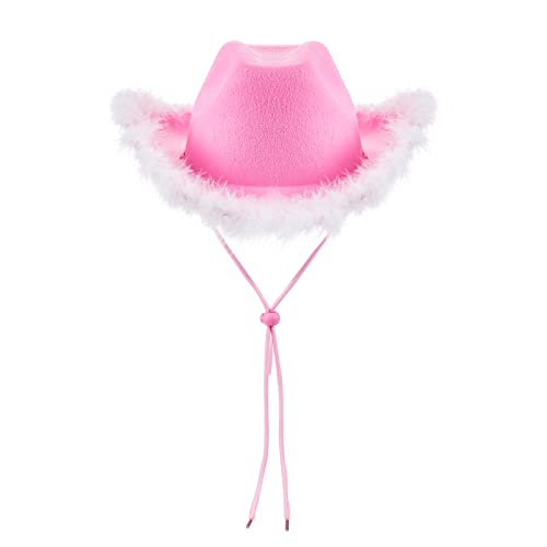 DELIMALI Cowgirl-Hut, Cowboyhüte für Frauen, flauschige Federkrempe, Cowboyhut für Junggesellinnenabschied, Cosplay, Kostüm, Verkleidung, Party (rosa-weiße Feder, 32 x 42 x 18 cm), Einheitsgröße von DELIMALI