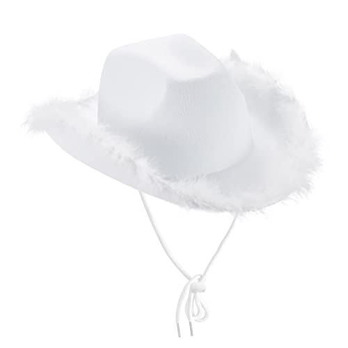 DELIMALI Cowgirl-Hut, Cowboyhüte für Frauen, flauschige Federkrempe, Cowboyhut für Junggesellinnenabschied, Cosplay, Kostüm, Verkleidung, Party (weiß, 32 x 42 x 18 cm), Einheitsgröße von DELIMALI