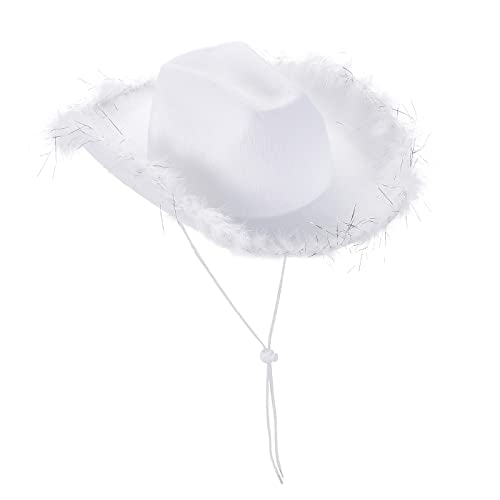 DELIMALI Cowgirl-Hut, Cowboyhüte für Frauen, flauschige Federkrempe, Cowboyhut für Junggesellinnenabschied, Cosplay, Kostüm, Verkleidung, Party (weiß-silberne Feder, 32 x 42 x 18 cm), Einheitsgröße von DELIMALI