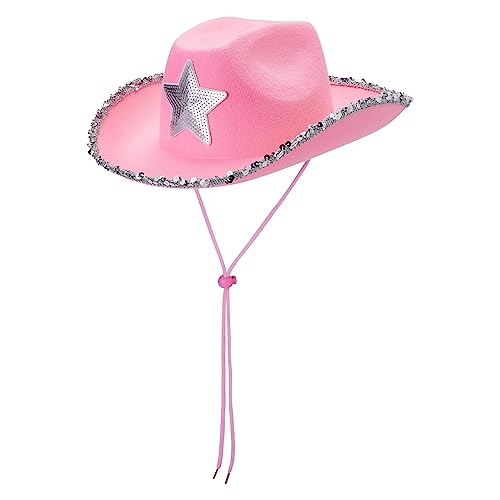 Western-Cowboy-Kostüm-Set für Damen und Herren, Bandana, breite Krempe, Western-Stil, Pailletten, Cowgirl-Hüte und Quastenschal, 2-teiliges Set, A-rosa Stern, Einheitsgröße Western-Cowboy-Kostüm-Set für Damen und Herren, Bandana, breite Krempe, Western-Stil, Pailletten, Cowgirl-Hüte und Quastenschal, 2-teiliges Set, A-rosa Stern, Einheitsgröße von DELIMALI