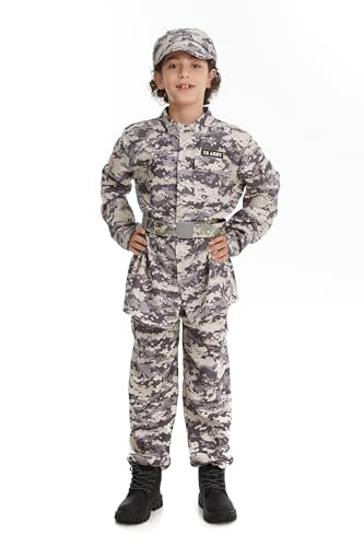 DELIVESS Armeekostüm für Kinder, Deluxe-Camouflage-Soldatenkostüm, Militär-Kostüm, taktische Kampfuniform-Set, 4-teilig (Graugrün, 4–6 Jahre) von DELIVESS