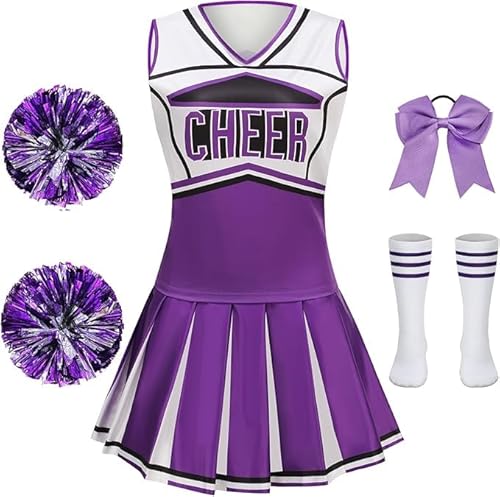 DELIVESS Cheerleader-Kostüm für Mädchen, Cheerleader-Kostüm, Cheerleader-Uniform, Cheerleader-Shirt, Halloween-Party-Outfit, Kleid, 6-7 Jahre (130, Lila) von DELIVESS