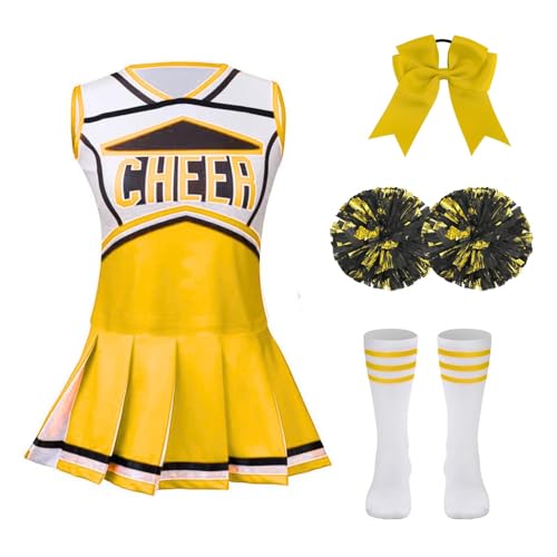 DELIVESS Cheerleader-Kostüm für Mädchen, Cheerleading-Kostüm, Uniform, Cheerleader-Shirt, Halloween-Party-Outfit, Kleid, 10-11 Jahre (150, Gelb) von DELIVESS