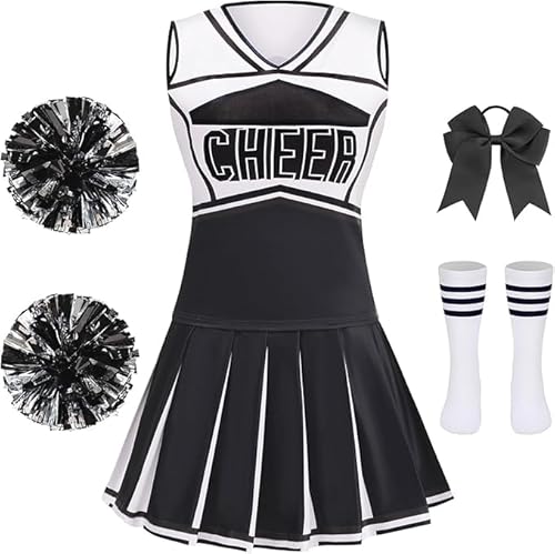 DELIVESS Cheerleader-Kostüm für Mädchen, Cheerleading-Kostüm, Uniform, Cheerleader-Shirt, Halloween-Party-Outfit, Kleid, 10-11 Jahre (150, Schwarz) von DELIVESS