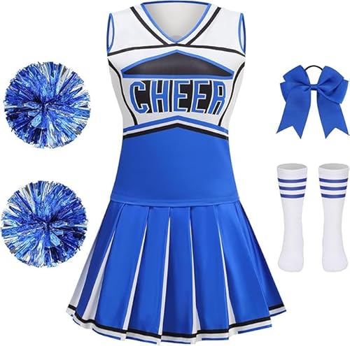 DELIVESS Cheerleader-Kostüm für Mädchen, Cheerleading-Kostüm, Uniform, Cheerleader-Shirt, Halloween-Party-Outfit, Kleid 10–11 Jahre (150, Blau) von DELIVESS