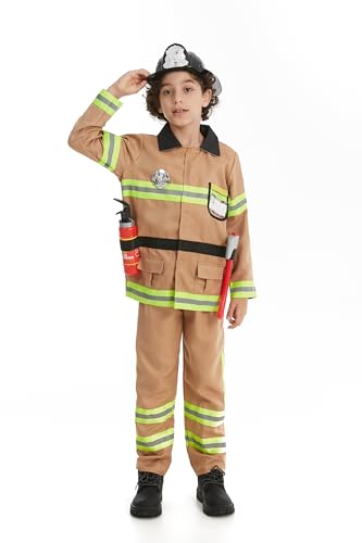 DELIVESS Feuerwehrmann-Kostüm-Set für Kinder, Alter 2–9 Jahre, Halloween-Outfit für Jungen, Braun, 7-teilig, 2–3 Jahre von DELIVESS