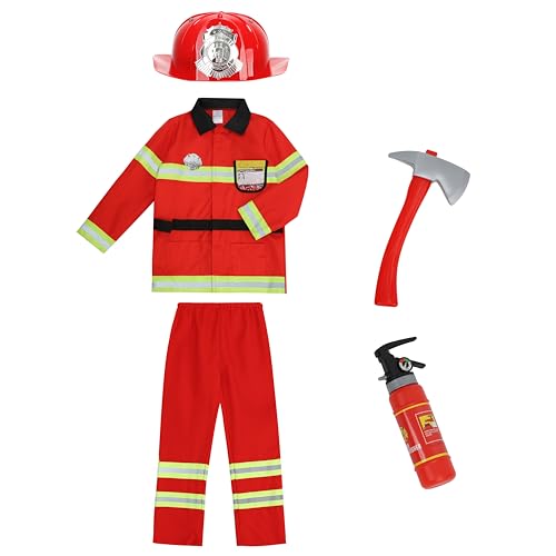 DELIVESS Feuerwehrmann-Kostüm-Set für Kinder, Alter 2–9 Jahre, Halloween-Outfit für Jungen, Rot, 7-teilig, 2–3 Jahre von DELIVESS