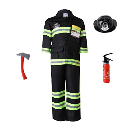DELIVESS Feuerwehrmann-Kostüm-Set für Kinder, Alter 2–9 Jahre, Halloween-Outfit für Jungen, Schwarz, 7-teilig, 6–7 Jahre von DELIVESS