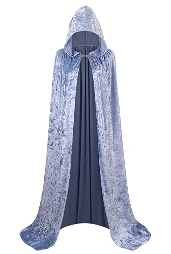 DELIVESS Glänzender Umhang mit Kapuze für Damen, Halloween, Party, Kostüm, Samt, volle Länge, Kapuzenumhang, Prinzessin, Hexe, Robe, Hellblau, 140 cm von DELIVESS