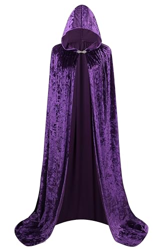 DELIVESS Glänzender Umhang mit Kapuze für Damen, Halloween, Party, Kostüm, Samt, volle Länge, Kapuzenumhang, Prinzessin, Hexe, Robe, Lila, 140 cm von DELIVESS