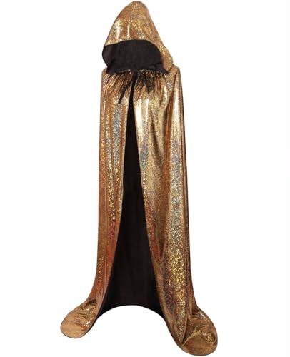 DELIVESS Hexenumhang für Damen, Weihnachten, Halloween, volle Länge, mit Kapuze, glänzendes Reitkapuzenkostüm, Schlangen-Kostüm, Erwachsene (160 cm, goldfarben) von DELIVESS