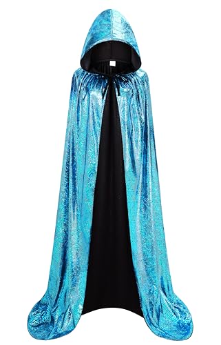DELIVESS Hexenumhang für Damen, Weihnachten, Halloween, volle Länge, mit Kapuze, glänzendes Reitkapuzenkostüm, Schlangenkostüm, Erwachsene (150 cm, Türkis) von DELIVESS