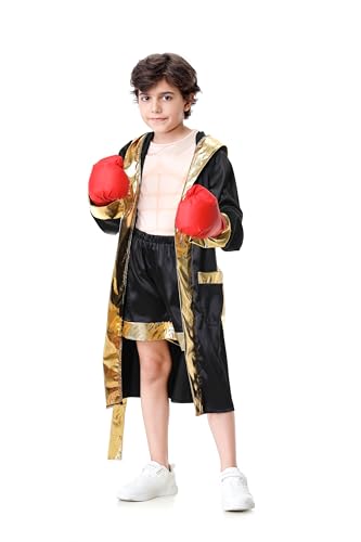 DELIVESS Kinder-Boxkostüm mit Kapuze, Boxermantel, Shorts und Muskelshirts für Jungen, Halloween-Muskelanzug-Kostüm (Schwarz, 8–10 Jahre) von DELIVESS