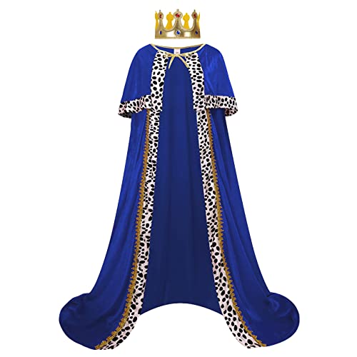 DELIVESS Königskostüm für Herren, Königsumhang, Erwachsenenumhang aus Samt, mittelalterlich, Karneval, Halloween, Party, Umhang mit Krone (140 cm, blau) von DELIVESS