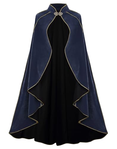 DELIVESS Mittelalterlicher Damen-Umhang mit Stehkragen, Deluxe-Samt, goldfarbener Rand, Umhang für Erwachsene (110 cm, Blaugrau) von DELIVESS