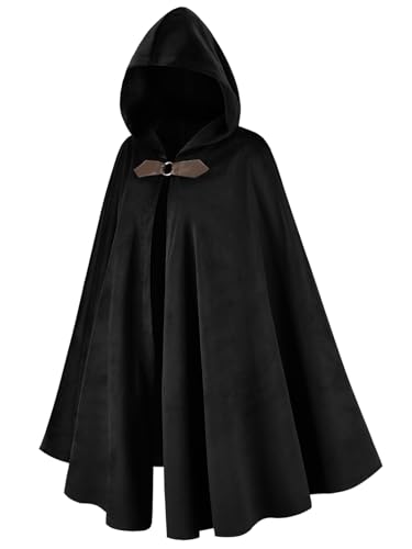DELIVESS Mittelalterlicher Kapuzenumhang Renaissance Samt Umhang Hobbit Kostüm Viktorianischer Wikinger Ritter Gothic Hexe Halloween Cosplay (129,5 cm, Schwarz) von DELIVESS