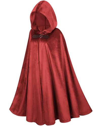 DELIVESS Mittelalterlicher Umhang, Samt, Renaissance, Kapuzenumhang, viktorianisches Halloween-Kostüm, Weihnachten, Party, 129,5 cm, Hellrot von DELIVESS