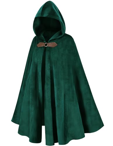 DELIVESS Mittelalterlicher Umhang mit Kapuze, Renaissance-Umhang mit Kapuze, für Erwachsene, Zauberer, Hobbit, Halloween-Kostüm (129,5 cm, Waldgrün) von DELIVESS