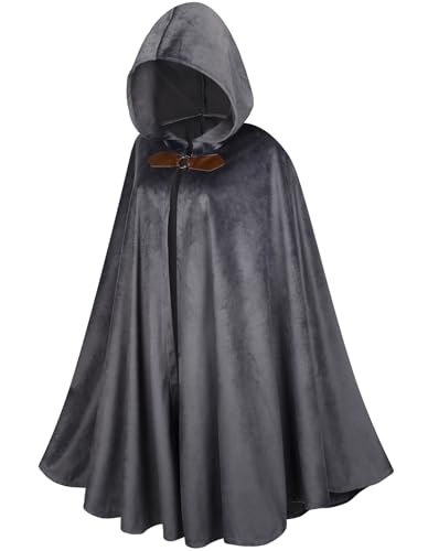 DELIVESS Mittelalterlicher Umhang mit Kapuze, Renaissance-Umhang mit Kapuze, für Erwachsene, Zauberer, Hobbit, Halloween-Kostüm (99,1 cm, Grau) von DELIVESS