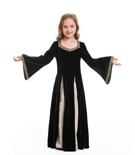 DELIVESS Mittelalterliches Kleid für Mädchen, Renaissance-Prinzessin für Kinder, Halloween-Outfit, Kostüm, 2-teilig (Schwarz, 10–12 Jahre) von DELIVESS