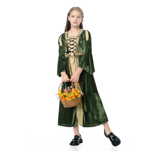DELIVESS Mittelalterliches Kleid für Mädchen und Mädchen, Renaissance-Prinzessin für Kinder, Halloween, Kordelzug-Outfit, Kostüm (Dunkelgrün, 6–8 Jahre) von DELIVESS