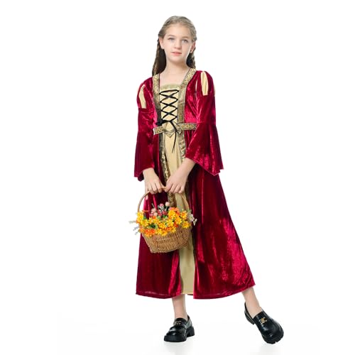 DELIVESS Mittelalterliches Kleid für Mädchen und Mädchen, Renaissance-Prinzessin für Kinder, Halloween, Kordelzug-Outfit, Kostüm (Weinrot, 4–6 Jahre) von DELIVESS