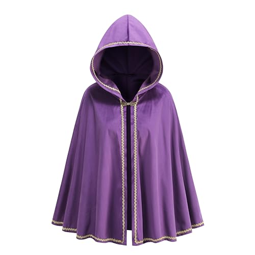 DELIVESS Renaissance Mittelalterlicher Kapuzenumhang für Erwachsene, Samt-Umhang, Halloween-Party, viktorianisches Capelet für Damen, 67,3 cm, Violett von DELIVESS